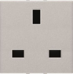 Color: Silver.   Rated voltage: 250 Vac   Rated current: 13A   Type G: 2P + E   Without switch   Shuttered for child safety   Screw terminals   Size: 2 modules. 2CLA223700N1301 | 8427238082721