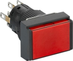 Rectangular red illuminated pushbutton &Oslash;16-flush spring return-24 V-2OC. range of product: Harmony XB6E - device short name: XB6E - mounting diameter: 16 mm - contacts type and composition: 2 C/O - contacts operation: snap action - connections - term ...