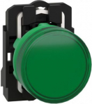 Green complete pilot light &Oslash;22 plain lens with integral LED 230...240V. range of product: Harmony XB5 - product or component type: complete pilot light - device short name: XB5 - fixing collar material: plastic - mounting diameter: 22 mm - operator a ...