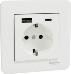 USB charger + socket-outlet, Exxact, complete product, 2P + E, 16A, Schuko, with shutter, glossy, wh WDE008271 | 3606489917319