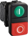 Green flush/red projecting double-headed pushbutton &Oslash;22 with marking. range of product: Harmony XB5 - device short name: XB5 - fixing collar material: plastic - mounting diameter: 22 mm - operator profile: 1 flush - 1 projecting pushbuttons - operato ...