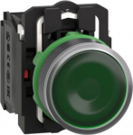 Green flush complete illum pushbutton &Oslash;22 spring return 1NO+1NC 24V. range of product: Harmony XB5 - device short name: XB5 - fixing collar material: plastic - mounting diameter: 22 mm - operator additional information: with plain lens - contacts typ ...