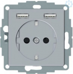 Socket + 2xUSB chargers, 2P+E, 16A, aluminium, Merten System M MEG2366-0460 | 4042811217648