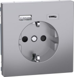 Socket with USB A and USB C, 2P+E, 16A screwless terminals, glossy, stainless steel D-Life MEG2367-6036 | 4042811221065