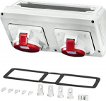 Connection box with 1 x CEE receptacle 16 A, 5-pole, and 1 x CEE receptacle 32 A, 5-pole + PE. For mounting on enclosure walls 300 mm. Plug sockets can be rotated by 90&deg;. 20001084 | 4012591110699
