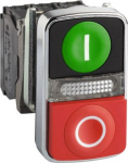 Green flush/red projecting illuminated double-headed pushbutton &Oslash;22 1NO+1NC 240V. range of product: Harmony XB4 - device short name: XB4 - fixing collar material: zamak - mounting diameter: 22 mm - operator profile: 1 flush - 1 projecting pushbuttons ...