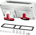 Connection box with 1 x CEE receptacle 32 A, 5-pole, and 1 x CEE receptacle 63 A, 5-pole + PE. For mounting on enclosure walls 300 mm. 20001086 | 4012591110859