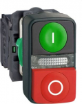 Green flush/red projecting illuminated double-headed pushbutton &Oslash;22 1NO+1NC 240V. range of product: Harmony XB5 - device short name: XB5 - fixing collar material: plastic - mounting diameter: 22 mm - operator profile: 1 flush - 1 projecting pushbutto ...