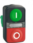 Green flush/red projecting illuminated double-headed pushbutton &Oslash;22 with marking. range of product: Harmony XB5 - product compatibility: integral LED - device short name: ZB5 - mounting diameter: 22 mm - operator profile: 1 flush - 1 projecting pushb ...