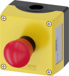 Enclosure for command devices, 22 mm, round, Enclosure material plastic, Enclosure top part yellow, 1 control point plastic, Control point in center, A=EMERGENCY STOP mushroom pushbutton red, 40 mm, rotate-to-unlatch, 1 NC, screw terminal, floor moun ...