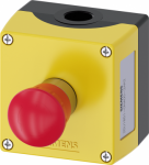 Enclosure for command devices, 22 mm, round, Enclosure material metal, Enclosure top part yellow, 1 control point metal, A=EMERGENCY STOP mushroom pushbutton red, 40 mm, rotate-to-unlatch, Control point in center, 1 NC, screw terminal, floor mounting ...