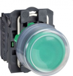 Green projecting complete pushbutton &Oslash;22 spring return 1NO unmarked. range of product: Harmony XB5 - device short name: XB5 - fixing collar material: plastic - mounting diameter: 22 mm - operator additional information: clear boot - additional inform ...