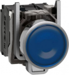 Blue flush complete illum pushbutton &Oslash;22 spring return 1NO+1NC 24V. range of product: Harmony XB4 - device short name: XB4 - fixing collar material: zamak - mounting diameter: 22 mm - operator additional information: with plain lens - contacts type a ...