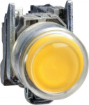 Yellow projecting complete pushbutton &Oslash;22 spring return 1NO unmarked. range of product: Harmony XB4 - device short name: XB4 - fixing collar material: zamak - mounting diameter: 22 mm - operator additional information: clear boot - additional informa ...