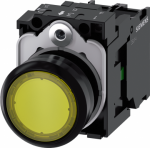 Illuminated pushbutton, 22 mm, round, plastic, yellow, pushbutton, flat, momentary contact type, with holder, 1 NO, LED module with integrated LED 24 V AC/DC, screw terminal 3SU1102-0AB30-1BA0 | 4011209957169