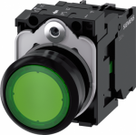 Illuminated pushbutton, 22 mm, round, plastic, green, pushbutton, flat, momentary contact type, with holder, 1 NO, LED module with integrated LED 24 V AC/DC, screw terminal 3SU1102-0AB40-1BA0 | 4011209957176