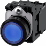 Illuminated pushbutton, 22 mm, round, plastic, blue, pushbutton, flat, momentary contact type, with holder, 1 NO, LED module with integrated LED 24 V AC/DC, screw terminal 3SU1102-0AB50-1BA0 | 4011209957183
