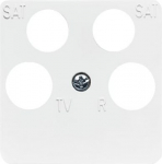 As cover for 4gang Antenna socket insert.   Outputs in a trapezoidal arrangement e.g. TV/R/SAT/SAT or TV/R/DATA/DATA or TV/R/SAT/DATA.   Cover size 50x50 mm, only suitable with adapter ring Art. No. 1746-... 2CKA001753A8659 | 4011395805107