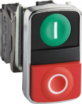 Green flush/red projecting illuminated double-headed pushbutton &Oslash;22 1NO+1NC 24V. range of product: Harmony XB4 - device short name: XB4 - fixing collar material: zamak - mounting diameter: 22 mm - operator profile: 1 flush - 1 projecting pushbuttons  ...