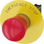 EMERGENCY STOP mushroom pushbutton, 22 mm, round, metal, shiny, red, 40 mm, positive latching, acc. to EN ISO 13850, rotate-to-unlatch, with yellow backing plate, inscription: EMERGENCY STOP, with holder, 1 NC, screw terminal 3SU1150-1HB20-1CG0 | 401 ...