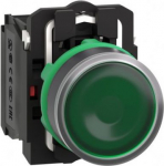 Green flush complete illum pushbutton &Oslash;22 spring return 1NO+1NC 220...240V. range of product: Harmony XB5 - device short name: XB5 - fixing collar material: plastic - mounting diameter: 22 mm - operator additional information: with plain lens - conta ...