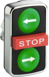 Green flush/red projecting/green flush triple-headed pushbutton &Oslash;22 with marking. range of product: Harmony XB4 - device short name: ZB4 - mounting diameter: 22 mm - operator profile: 2 flush - 1 central projecting STOP pushbuttons - operators descri ...