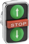 Green flush/red projecting/green flush triple-headed pushbutton &Oslash;22 with marking. range of product: Harmony XB4 - device short name: ZB4 - mounting diameter: 22 mm - operator profile: 2 flush - 1 central projecting STOP pushbuttons - operators descri ...