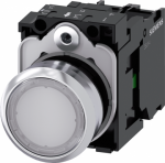 Illuminated pushbutton, 22 mm, round, metal, shiny, white, pushbutton, flat, momentary contact type, with holder, 1 NO, LED module with integrated LED 24 V AC/DC, screw terminal 3SU1152-0AB60-1BA0 | 4011209958890
