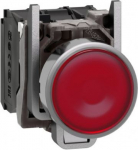 Red flush complete illum pushbutton &Oslash;22 spring return 1NO+1NC 24V. range of product: Harmony XB4 - device short name: XB4 - fixing collar material: zamak - mounting diameter: 22 mm - operator additional information: with plain lens - contacts type an ...