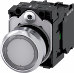 Illuminated pushbutton, 22 mm, round, metal, shiny, clear, pushbutton, flat, momentary contact type, with holder, 1 NO, LED module with integrated LED 24 V AC/DC, screw terminal 3SU1152-0AB70-1BA0 | 4011209958906