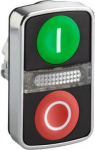 Green flush/red flush illuminated double-headed pushbutton &Oslash;22 with marking. range of product: Harmony XB4 - product compatibility: integral LED - device short name: ZB4 - mounting diameter: 22 mm - operator profile: 2 flush pushbuttons - 1 central p ...