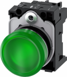 Indicator lights, 22 mm, round, metal, shiny, green, lens, smooth, with holder, LED module with integrated LED 24 V AC/DC, screw terminal 3SU1152-6AA40-1AA0 | 4011209957022