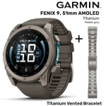 GARMIN Fenix 9 51mm AMOLED, Titanium Pebble gray + Vented Titanium Bracelet spordikell 010-04763-01 / 010-12864-08