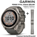 GARMIN Fenix 9 Pro 51mm Solar inReach, Titanium Pebble Gray/Silver + Vented Titanium Bracelet spordikell 010-04339-01 / 010-12864-08