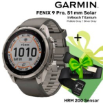 GARMIN Fenix 9 Pro 47mm Solar inReach, Titanium Pebble Gray/Silver + KINGITUS HRM 200 Sensor spordikell 010-04338-01 / 010-13388-00