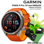 GARMIN Fenix 9 Pro 51mm AMOLED inReach, Titanium Orange/Spark + KINGITUS HRM 200 Sensor spordikell 010-04337-01 / 010-13388-00