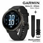 GARMIN Venu 4 - 41mm, Slate / Black Silicone + Black Leather / Brushed Slate Hardware Band spordikell 010-03013-02 / 010-12932-61