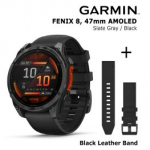GARMIN Fenix 8 47 mm, AMOLED, Slate Gray + Black Leather Watch Band, QuickFit 22mm spordikell