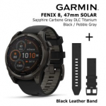 GARMIN Fenix 8 47 mm, Solar, Sapphire Carbon + Black Leather Watch Band, QuickFit 22mm spordikell