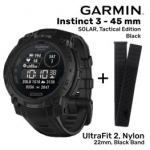 GARMIN Instinct 3 - 45 mm, Solar, Tactical Black + UltraFit 2, Nylon, 22mm, Black Band spordikell 010-02934-50 / 010-13306-10