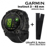 GARMIN Instinct 3 - 45 mm, AMOLED, Black + UltraFit 2, Nylon, 22mm, Black Band spordikell 010-02936-00 / 010-13306-10