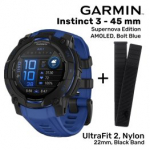 GARMIN Instinct 3 &ndash; 45 mm, Supernova, AMOLED, Bolt blue + UltraFit 2, Nylon, 22mm, Black Band spordikell 010-02936-03 / 010-13306-10
