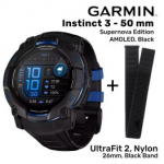 GARMIN Instinct 3 &ndash; 50 mm, Supernova Edition, AMOLED, Black + UltraFit 2, Nylon, 26mm, Black Band spordikell 010-03020-03 / 010-13306-20