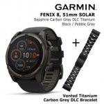 GARMIN Fenix 8 51 mm, Solar, Sapphire Carbon + Vented Titanium Bracelet Carbon Gray DLC spordikell 010-02907-11 / 010-12864-09