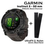 GARMIN Instinct 3 - 50 mm, AMOLED, Black/Charcoal + UltraFit 2, Nylon, 26mm, Black spordikell 010-03020-00 / 010-13306-20