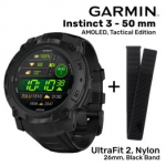 GARMIN Instinct 3 &ndash; 50 mm, AMOLED, Tactical Edition + UltraFit 2, Nylon, 26mm, Black Band spordikell 010-03020-50 / 010-13306-20