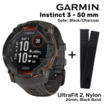 GARMIN Instinct 3 - 50 mm, Solar, Black/Charcoal + Garmin UltraFit 2, Nylon, 26mm, Black B spordikell 010-02935-00 / 010-13306-20