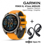 GARMIN Fenix 8 47 mm, AMOLED, Sapphire Titanium + SHOKZ Open Fit Black spordikell 010-02904-11 / T910-ST-BK