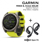 GARMIN Fenix 8 51 mm, Solar, Sapphire Titanium + SHOKZ Open Fit Black spordikell 010-02907-21 / T910-ST-BK