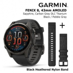 GARMIN Fenix 8 43 mm, AMOLED, Sapphire Carbon + Black Heathered Nylon Band spordikell 010-02903-21 / 010-12875-00